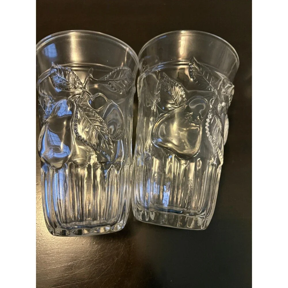 Vintage Williams Sonoma Pressed Fruit Clear Glass Drinking Glasses Set of 6